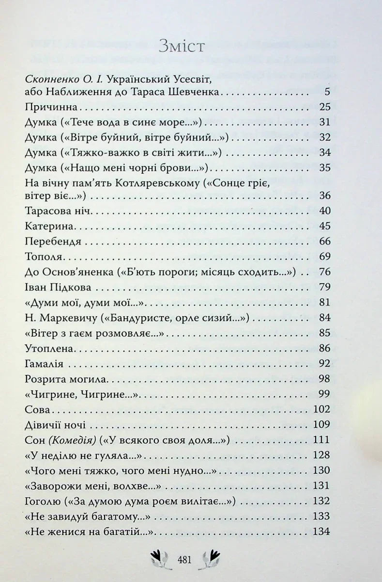 Сторінка зі змістом української книги з переліком творів Шевченка — книги українською в Польщі | BookCafe