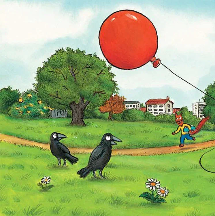 Ілюстрована обкладинка дитячої книжки з білкою, червоною кулею та воронами — дитячі книжки українською | BookCafe