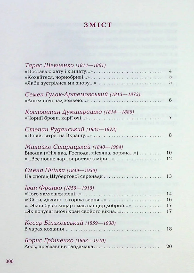 Зміст книги з іменами українських поетів та назвами творів — українська класика | BookCafe