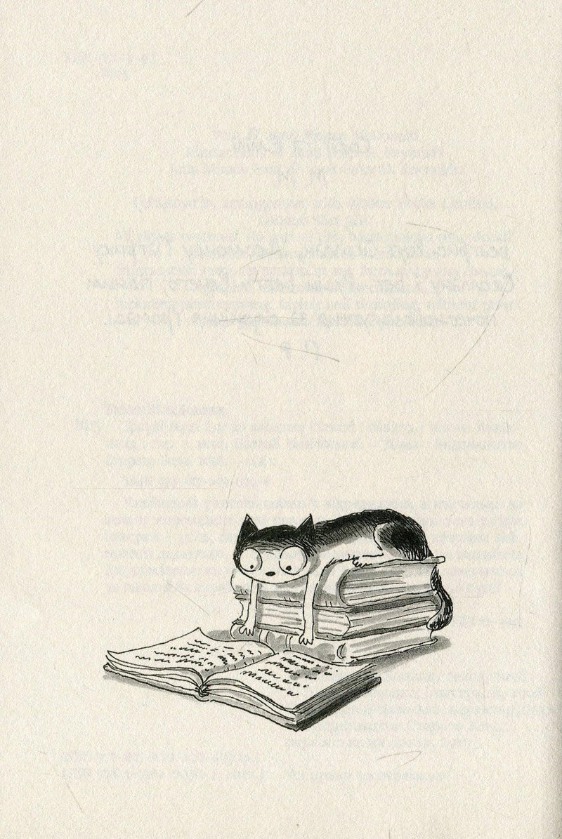 Малюнок кота, що лежить на книжках і читає відкрите видання — книги українською в Польщі | BookCafe