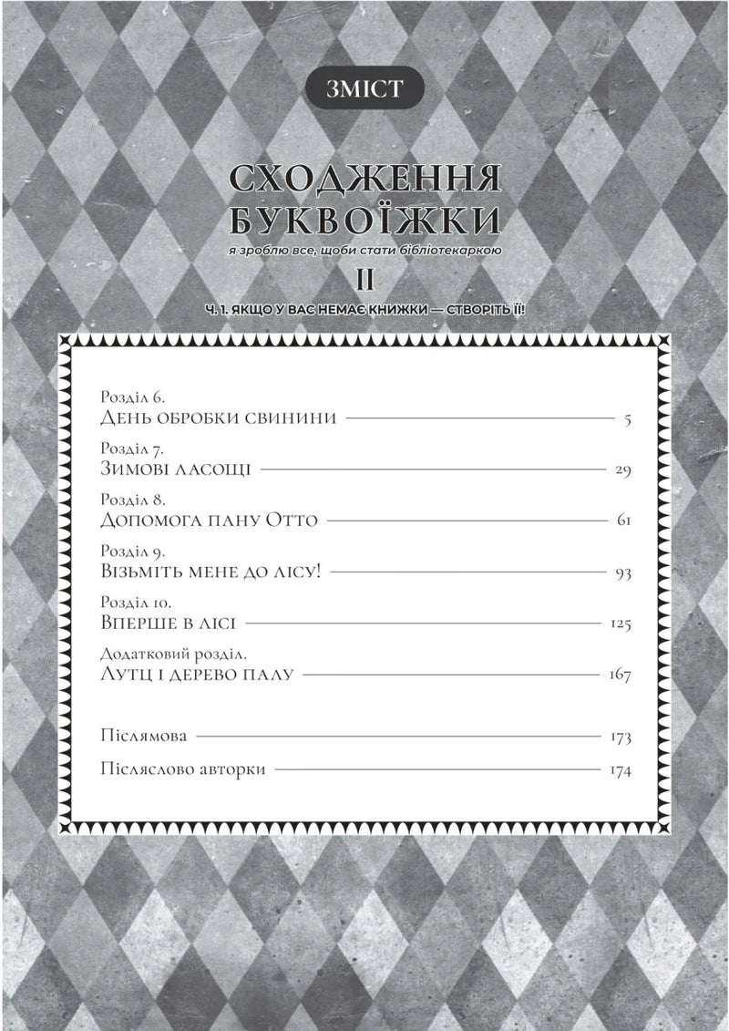 Зміст української книжки з візерунком ромбів та назвами розділів — дитячі книжки українською | BookCafe