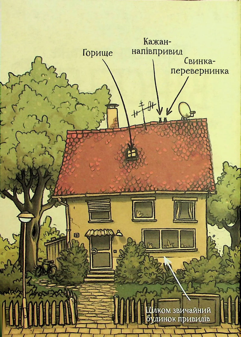 Ілюстрація звичайного будинку з дивними назвами частин — дитячі книжки українською | BookCafe