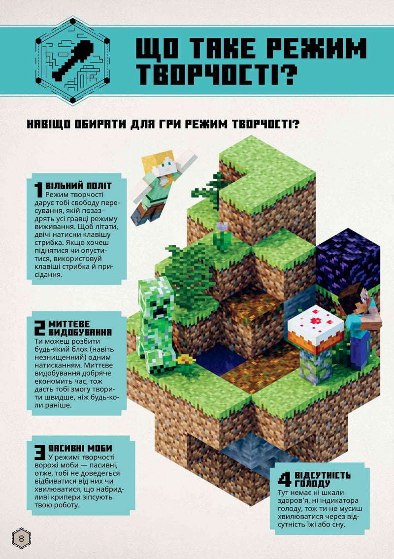 Ілюстрована сторінка української книги про Minecraft з піксель-артом та поясненнями — українська книгарня онлайн | BookCafe