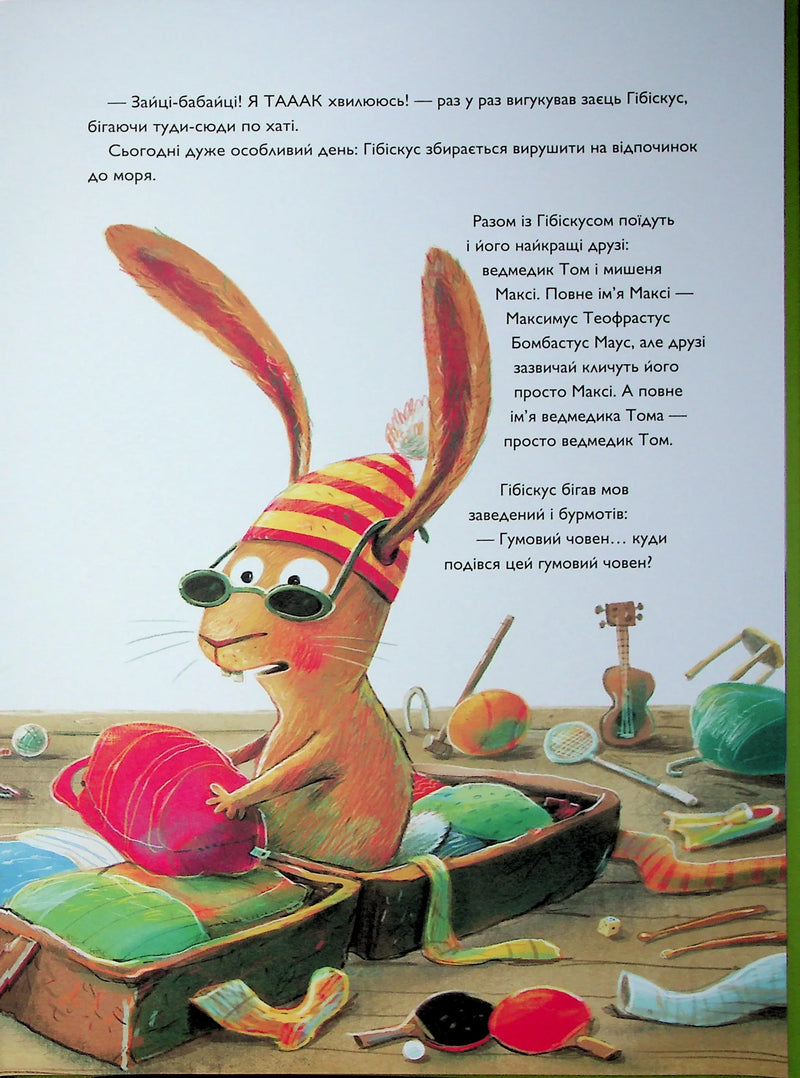 Ілюстрована сторінка дитячої книжки з зайцем Гібіскусом та речами для відпочинку — дитячі книжки українською | BookCafe