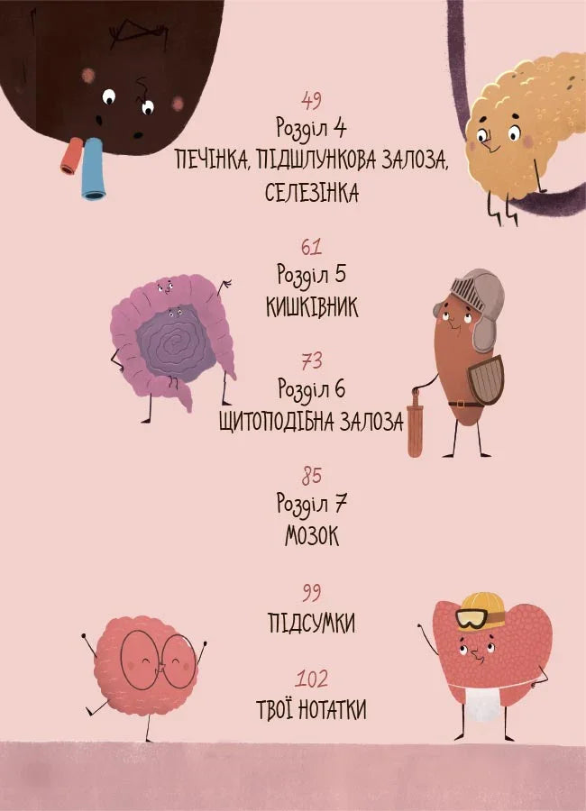 Ілюстрована сторінка дитячої книжки з анімованими органами та назвами розділів — дитячі книжки українською | BookCafe