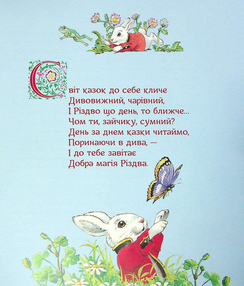 Ілюстрована сторінка дитячої книжки з зайчиком, квітами та метеликом — дитячі книжки українською | BookCafe