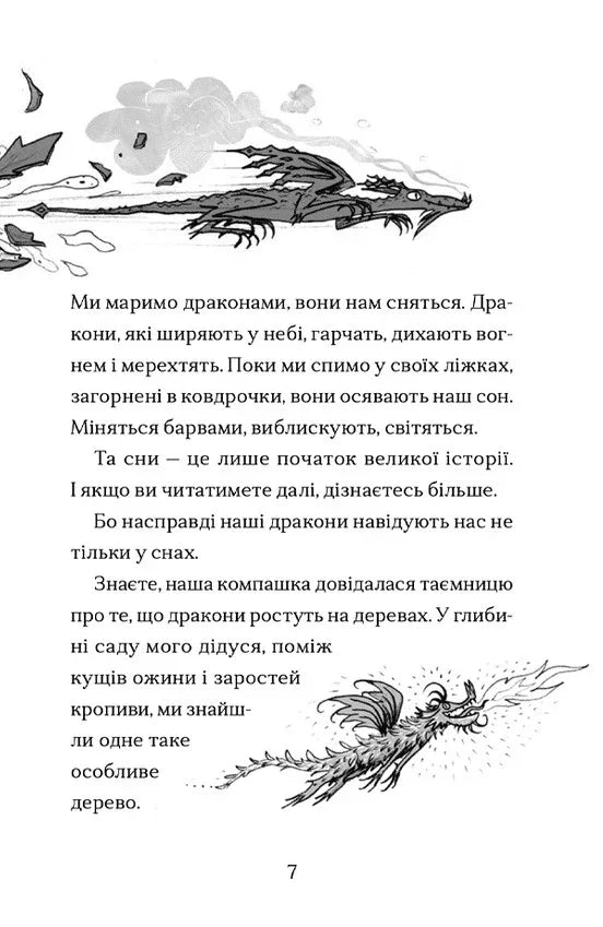 Ілюстрована сторінка української дитячої книжки з драконами та казковим текстом — дитячі книжки українською | BookCafe