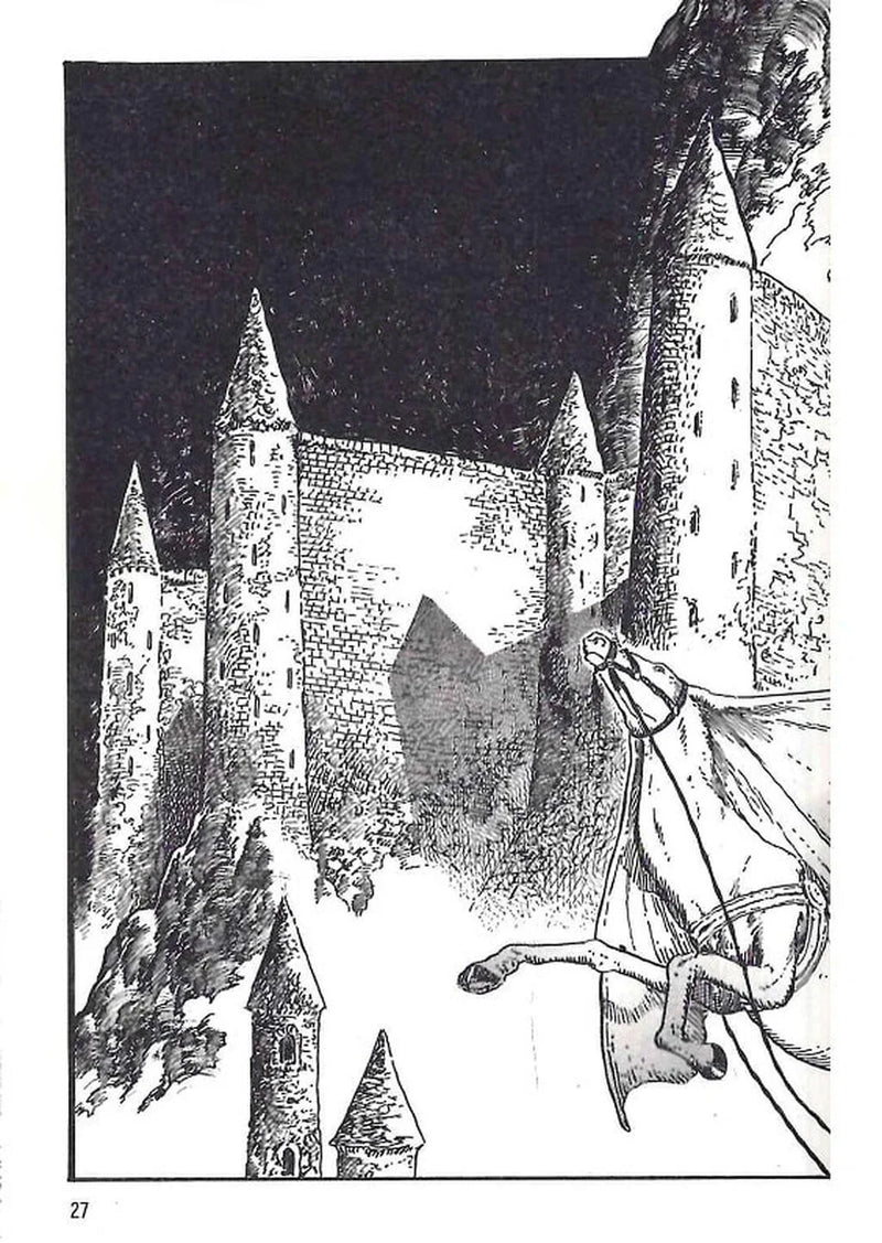 Чорно-біла ілюстрація середньовічного замку та вершника на коні — книга фентезі | BookCafe